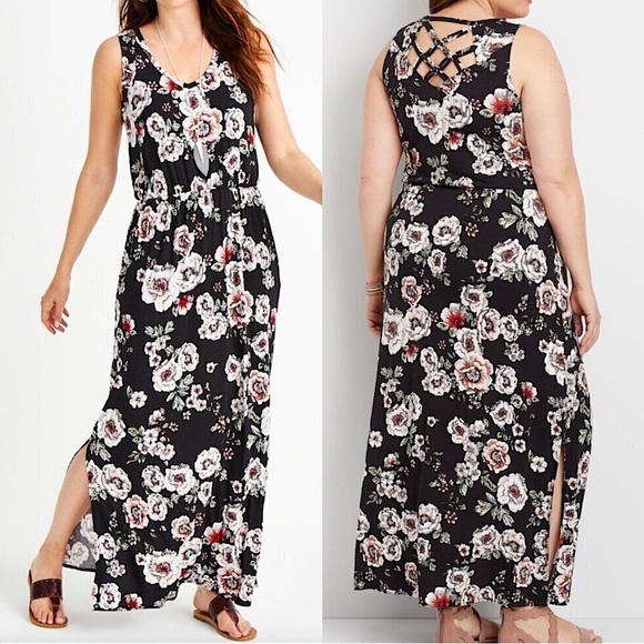 Maurices Bohemian Black Floral Strappy Maxi Dress Slit Small Feminine Romantic - Picture 1 of 16